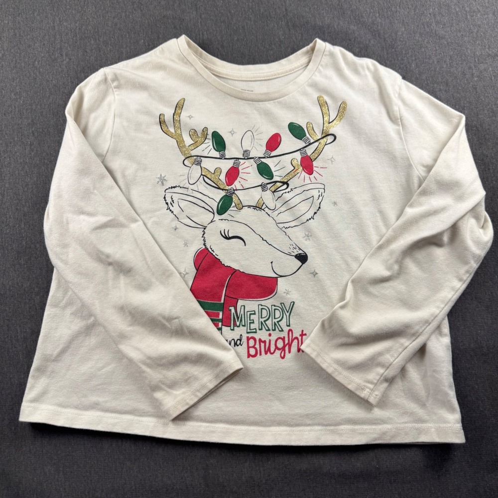 Holiday Time Kids Reindeer Merry and Bright Long Sleeve Tee Cream L 10-12